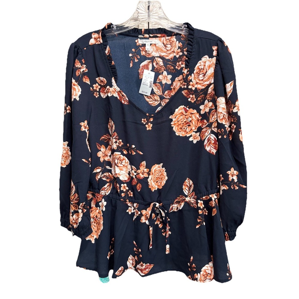 Maurice's Navy/Orange Floral Chiffon Long Sleeve Scoop/Ruffle Neck Blouse Size M